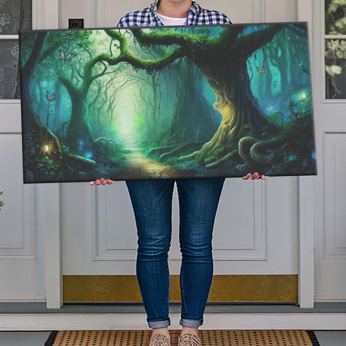 Magical Green Fairy Forest Mossy Archway Trees Glowing Path Wall Poster - Image 4