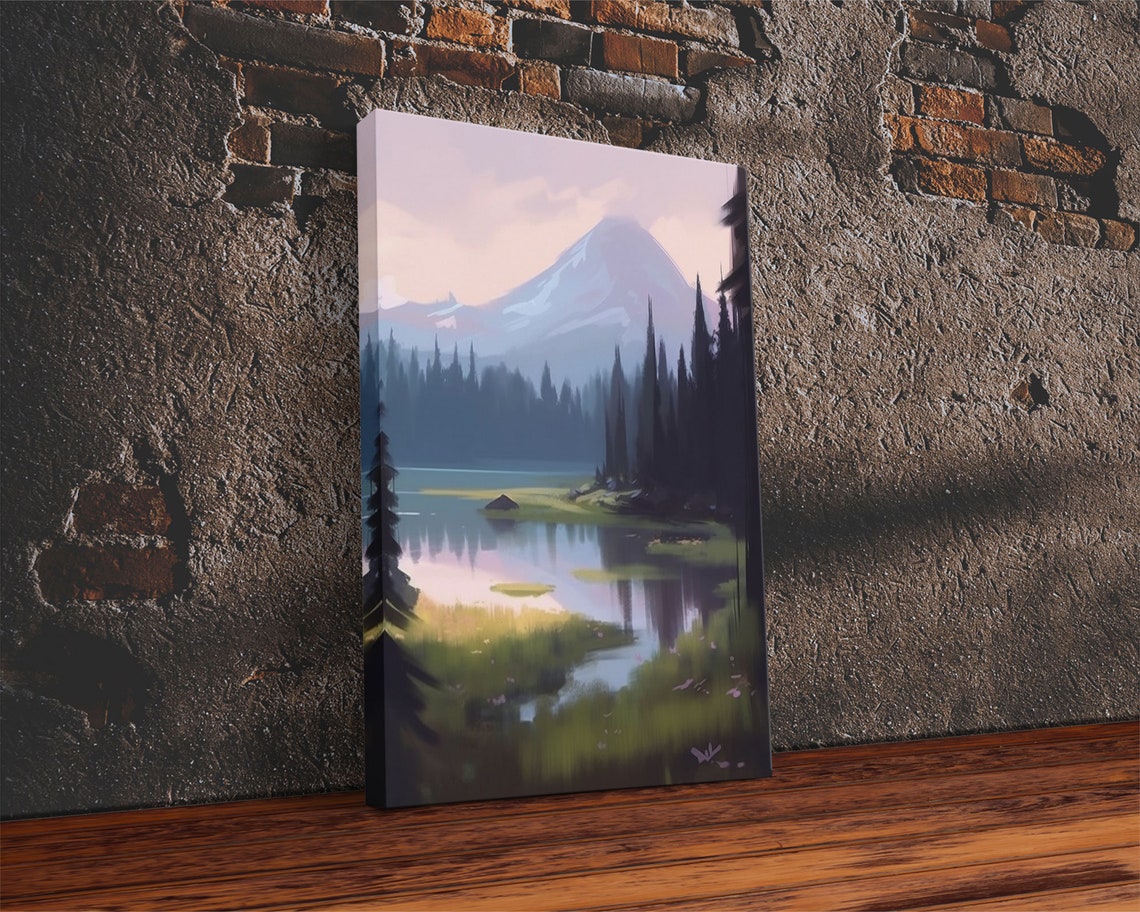 Misty Mountain Lake Dawn Reflections Pine Forest Soft Landscape Poster - Image 2