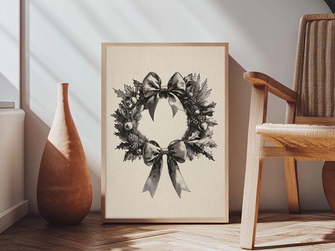 Christmas Wreath Sketch Bow Black And White Minimalist Holiday Poster - Image 4
