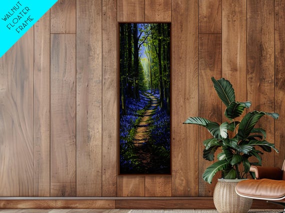 Pathway Through Enchanting Bluebell Woods In Tall Skinny Art Framed Print For Peaceful Wall Decor And Interior Design