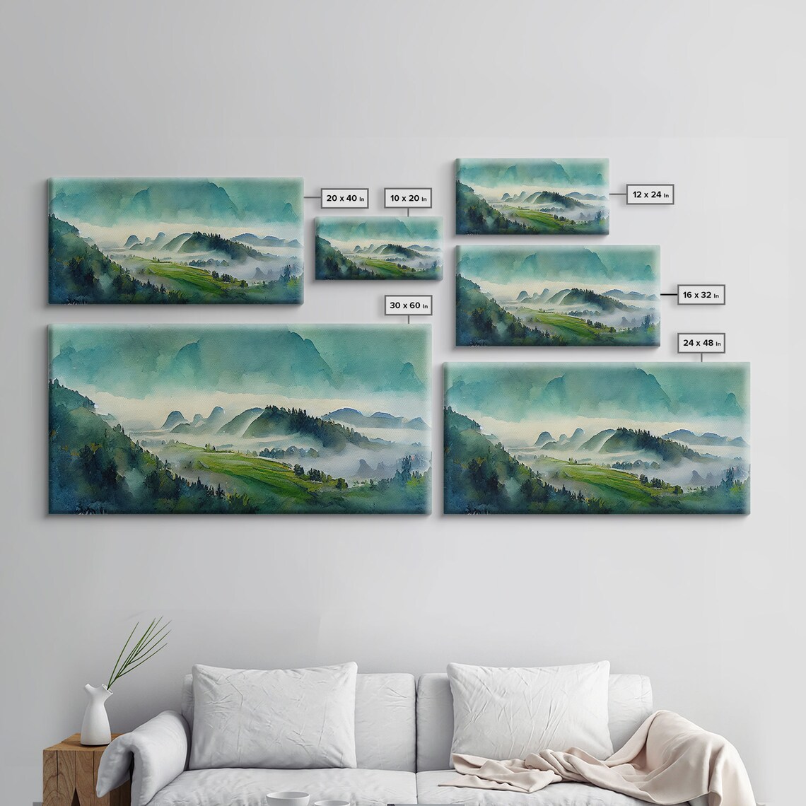 Blue Green Mountain Valley Watercolor Art Print - Image 2