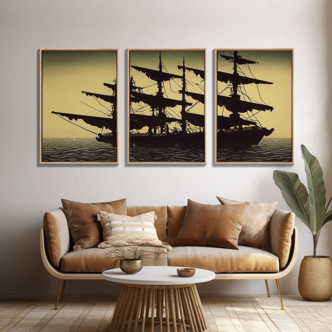 Ghost Pirate Ship Silhouette At Sea Vintage Three Piece Sailing Print - Image 4