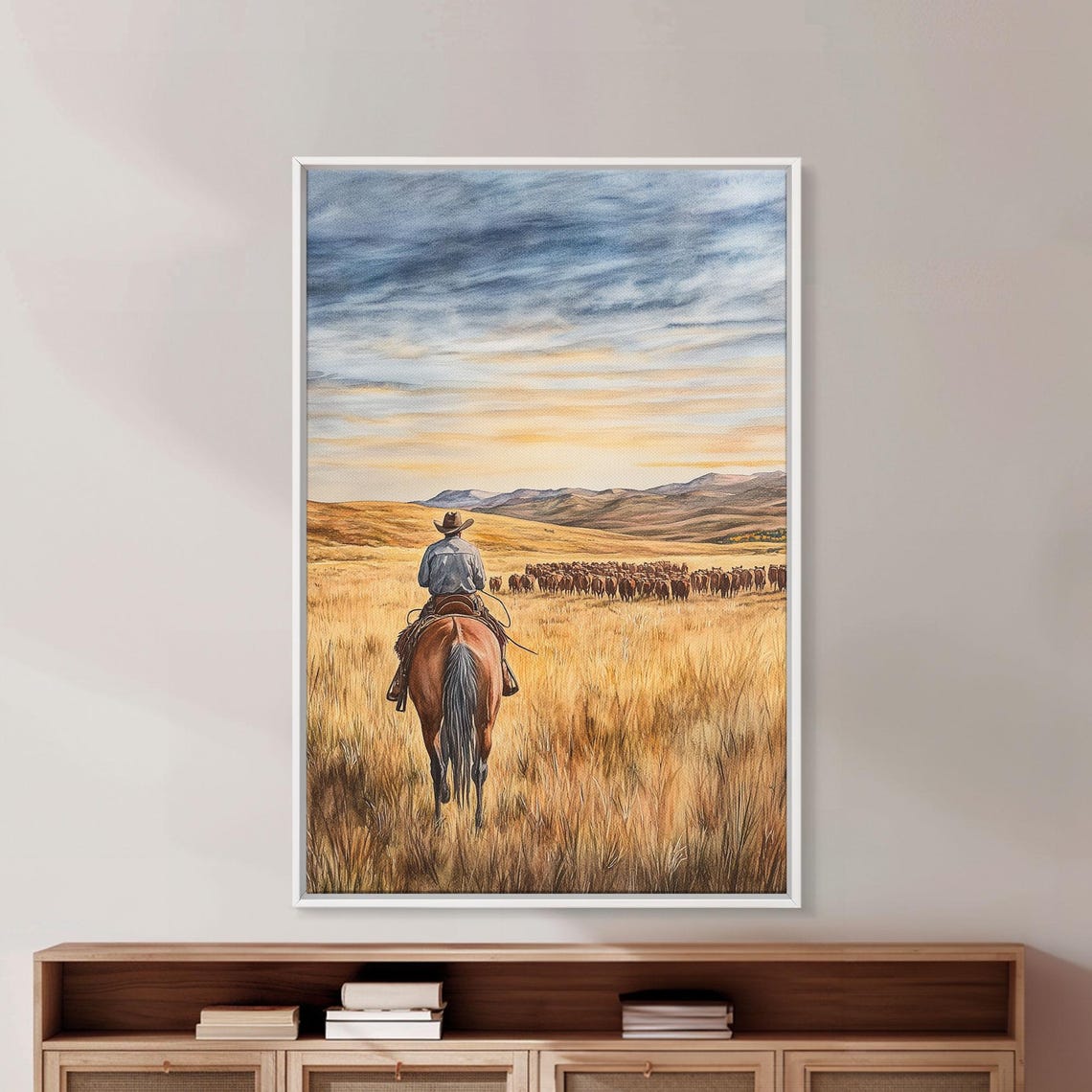Lone Cowboy Leading Cattle Across Golden Prairie Dusk Poster - Image 5