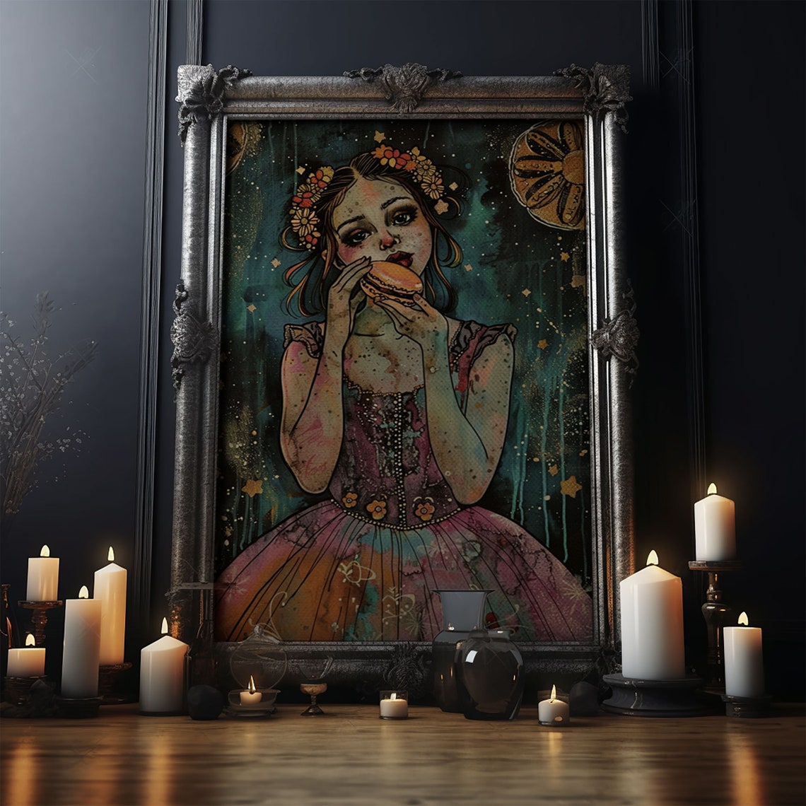 Girl Eating Macaron Flower Crown Vintage Spooky Sweet Art Poster - Image 4