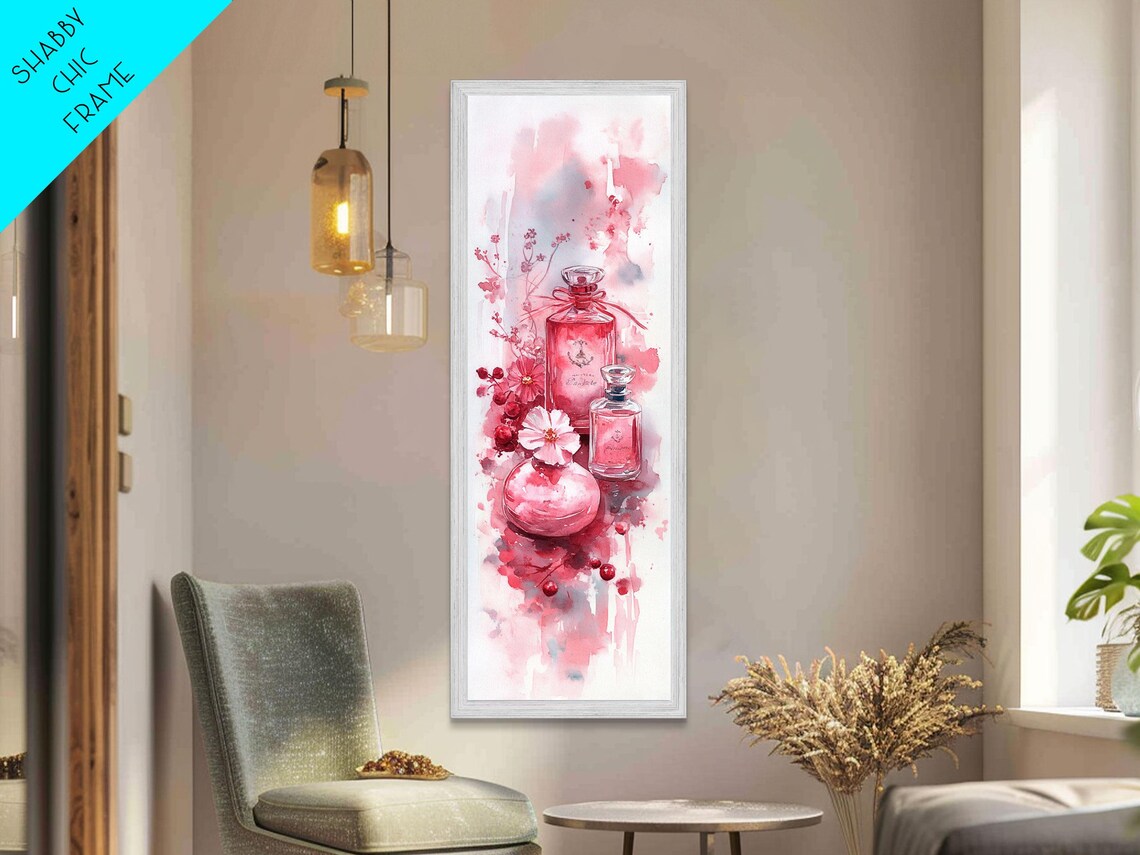 Pink Perfume Bottles Watercolor Painting Floral Fragrance Vertical Art Poster - Image 2