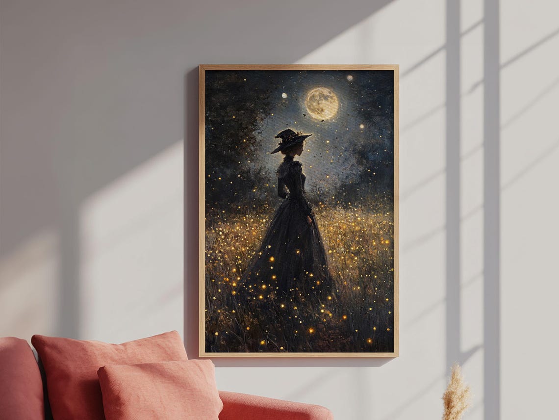 Witch Under Full Moon Firefly Field Dark Night Gothic Fantasy Wall Art - Image 4