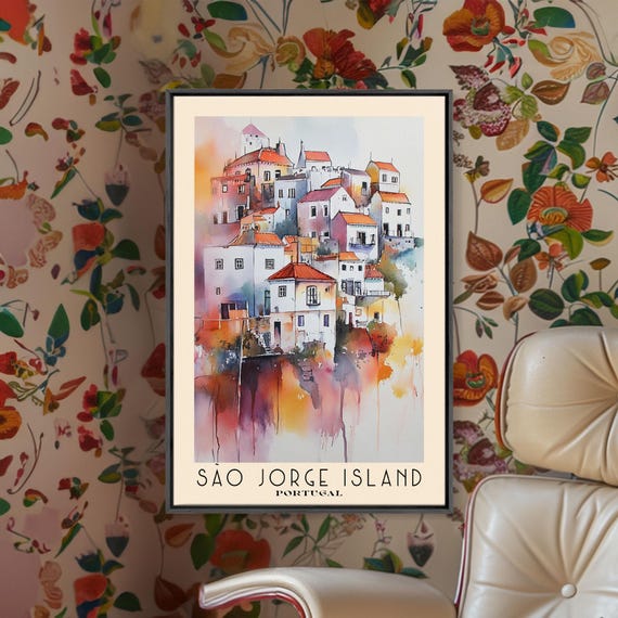 Sao Jorge Island Portugal Watercolor Beach Print Vacation Gift Wall Art Framed Print Framed Beach Painting