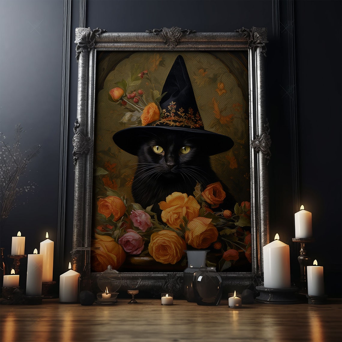 Black Cat In Rose Covered Witch Hat Among Orange Roses Poster - Image 4