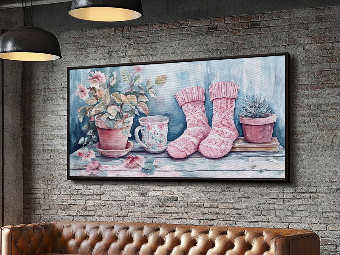 Pink Knitted Socks Potted Plants Tea Mug Cozy Cottage Wall Poster - Image 2