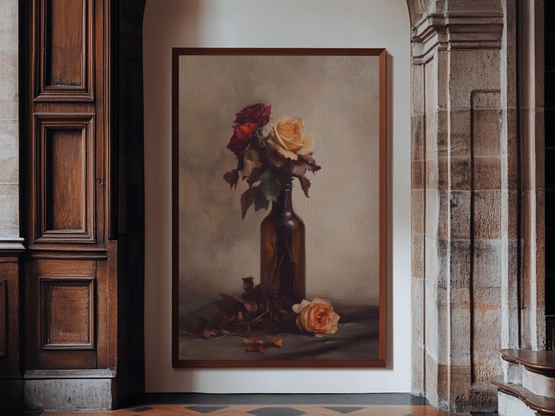 Roses In A Wine Bottle Oil Painting Print Still Life Of Roses Rose Painting Rose Art Moody Decor Subdued Art - Image 5
