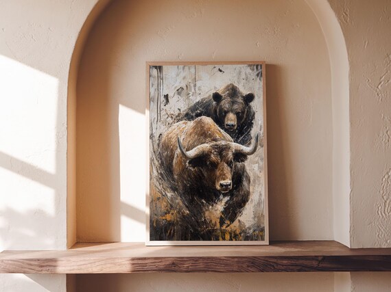 Longhorn Bull Bear Standing Together Rustic Wild Animal Art Wall Poster