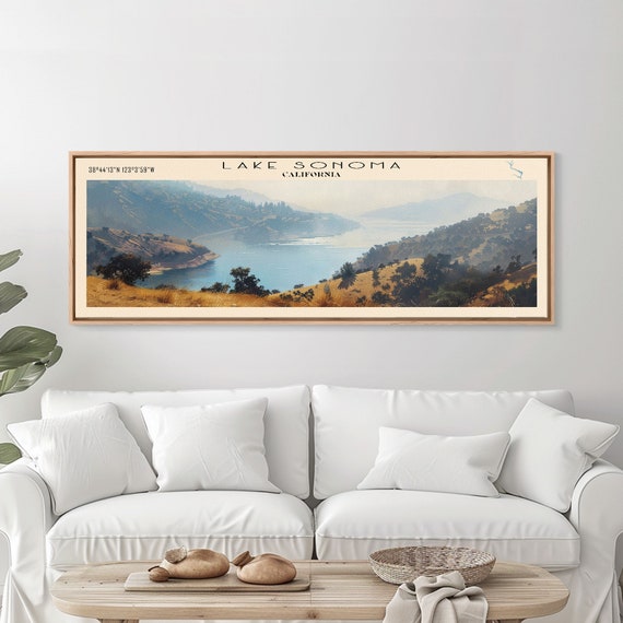 Lake Sonoma California Framed Print Lake House Decor Panoramic Wall Art Travel Poster Landscape Painting Contemporary Art