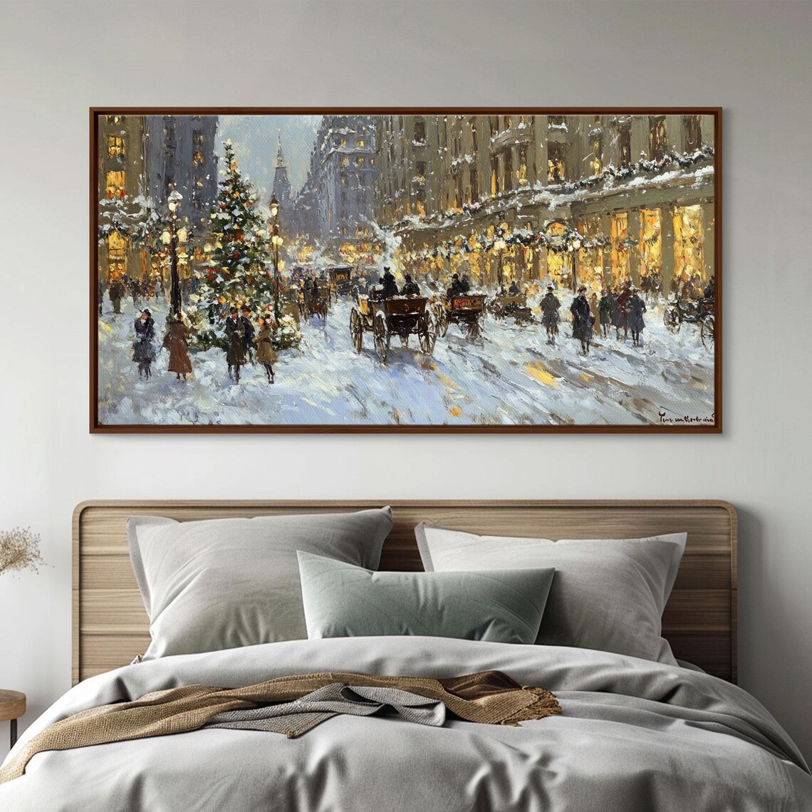 Bustling Christmas Street Scene, Vintage Art Print