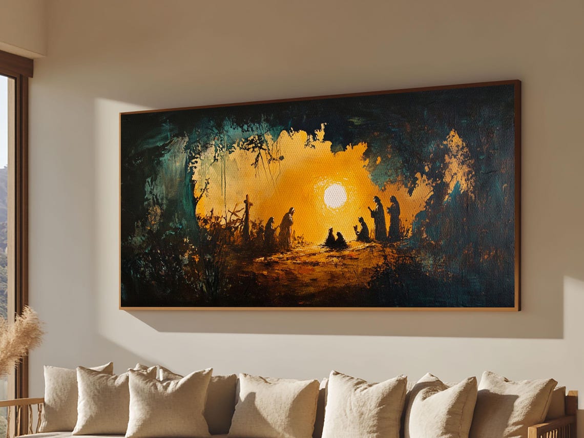 Christmas Nativity Manger Golden Light Silhouette Oil Painting Poster - Image 4