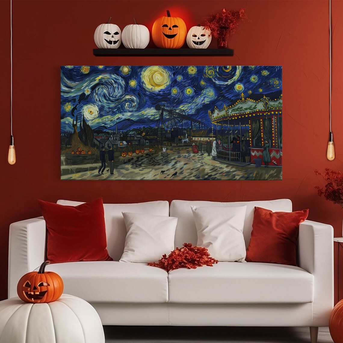Starry Night Haunted Carnival Carousel Ferris Wheel Pumpkins Halloween Poster - Image 6