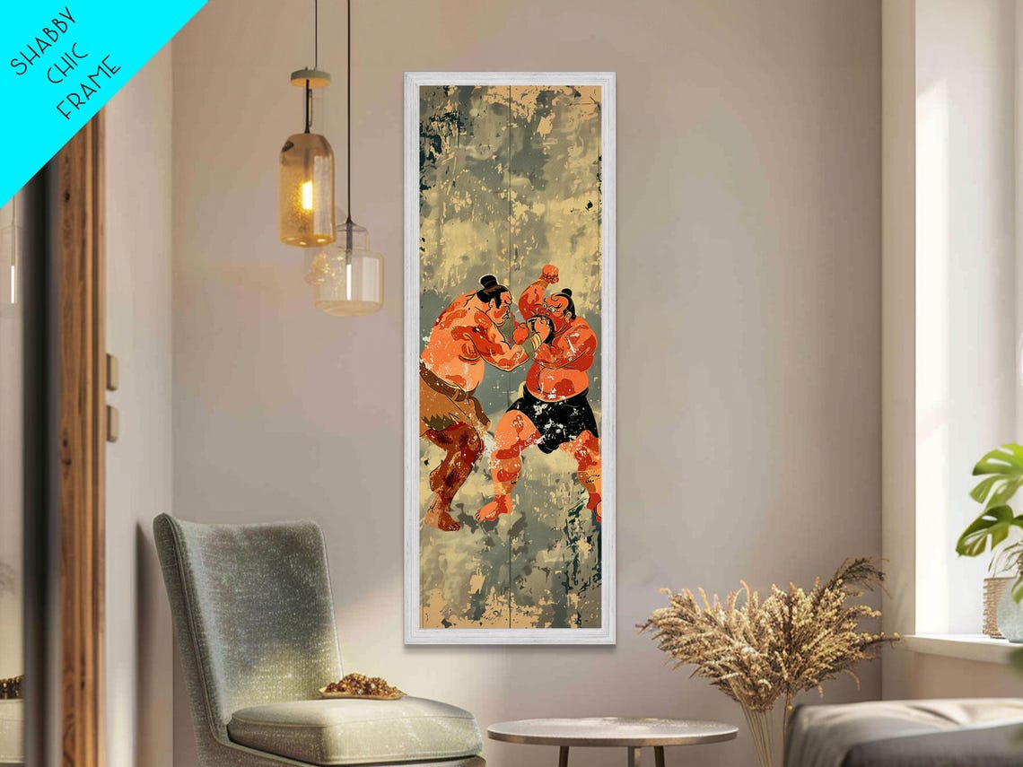 Two Sumo Wrestlers In Action Vintage Japanese Vertical Art Print - Image 3