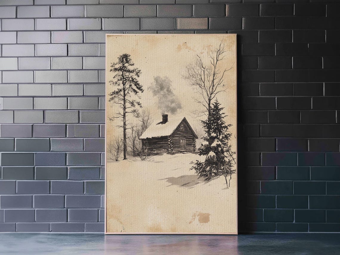 Vintage Snow Covered Log Cabin in Winter Forest Sketch Art Poster