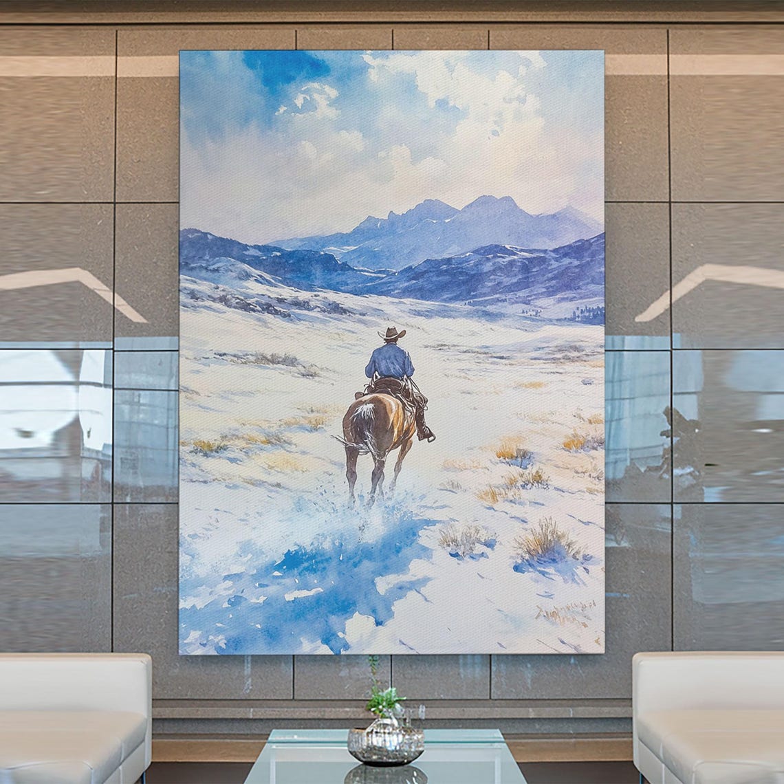 Cowboy Riding Through Snowy Mountain Pass Blue Watercolor Poster - Image 3