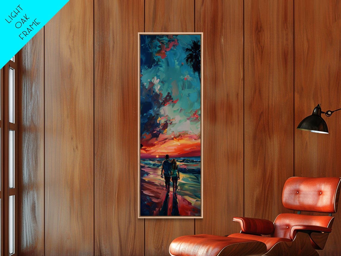 Couple Walking On Beach At Vibrant Sunset Romantic Seaside Art Poster