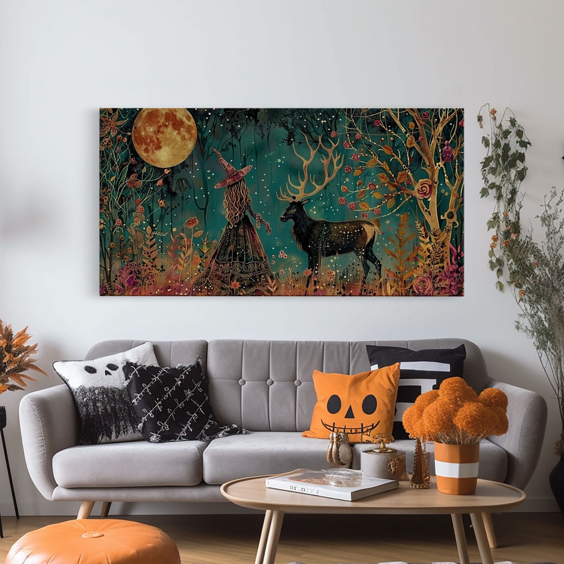 Victorian Witch With Elk Familiar Under Moonlight Art Nouveau Print - Image 6