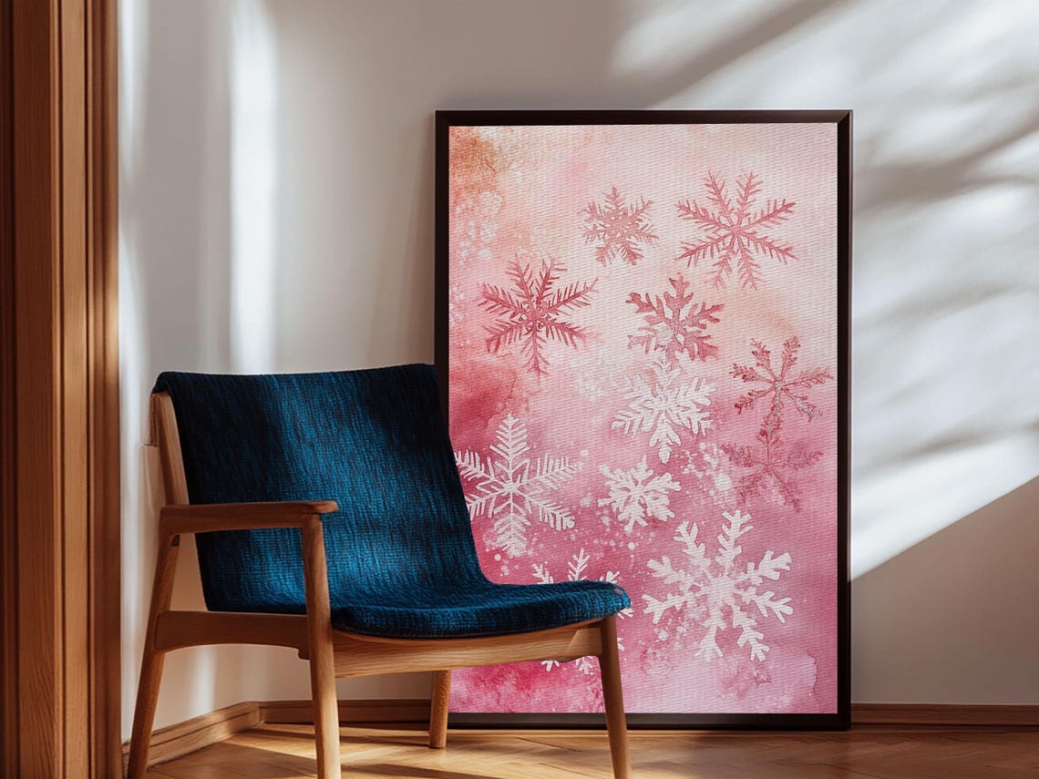 Pink Snowflakes Watercolor Winter Christmas Holiday Art Print