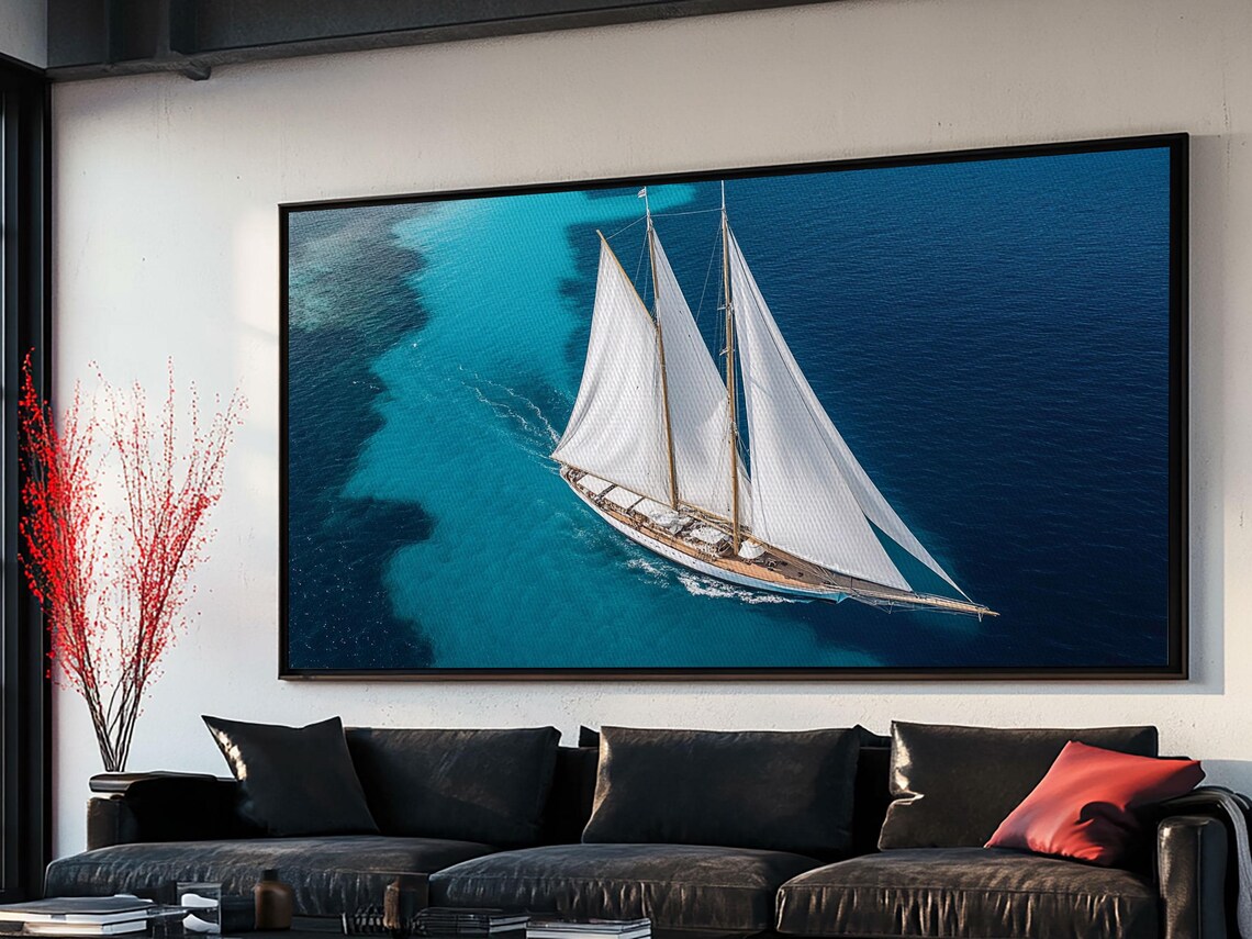 Tall Ship White Sails Turquoise Ocean Aerial Yacht Nautical Travel Poster - Image 2