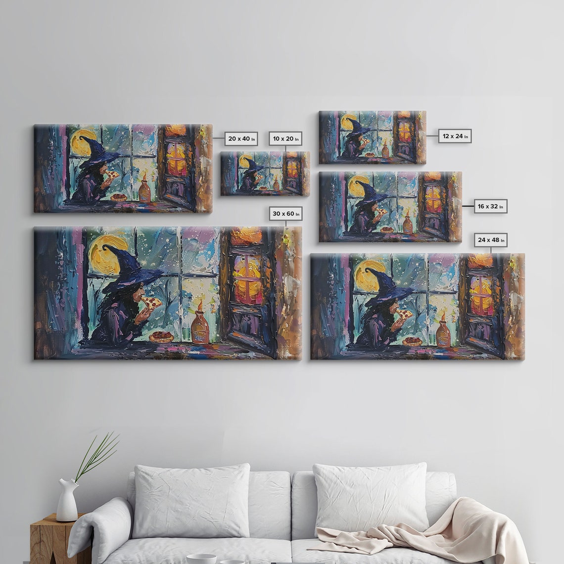 Witch Eating Pizza By Window At Night Funny Impasto Halloween Print - Image 2