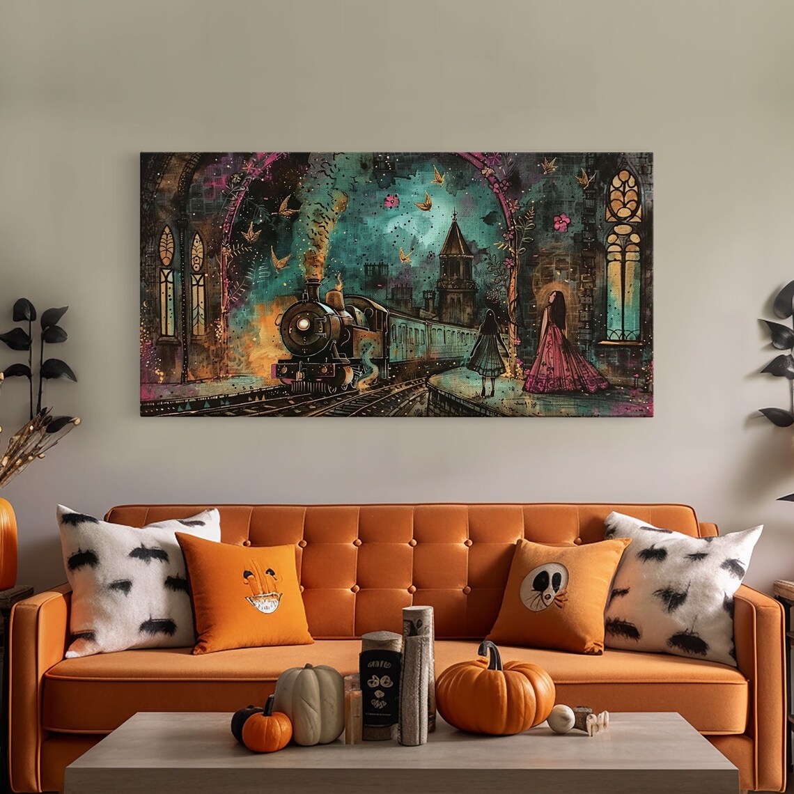 Spooky Steam Train Gothic Station Night Woman Red Dress Dark Academia Wall Art - Image 5