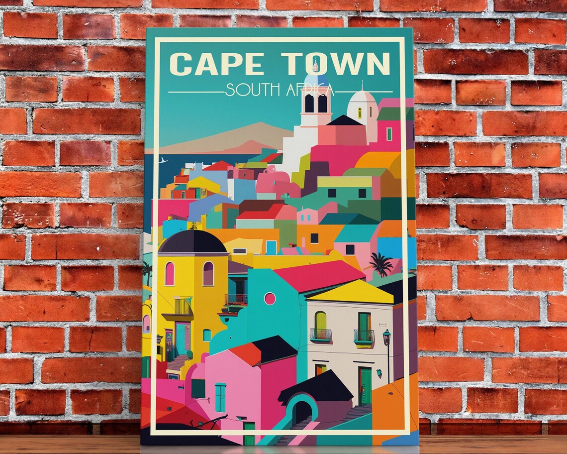 Cape Town South Africa Colorful Hillside Houses Retro Travel Poster