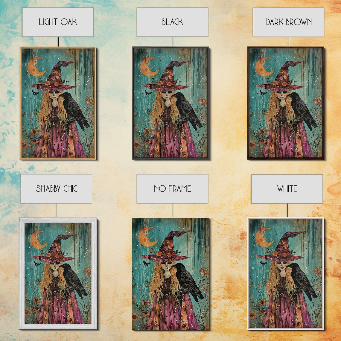 Witch With Crow In Magical Forest Crescent Moon Illustration Poster - Image 3