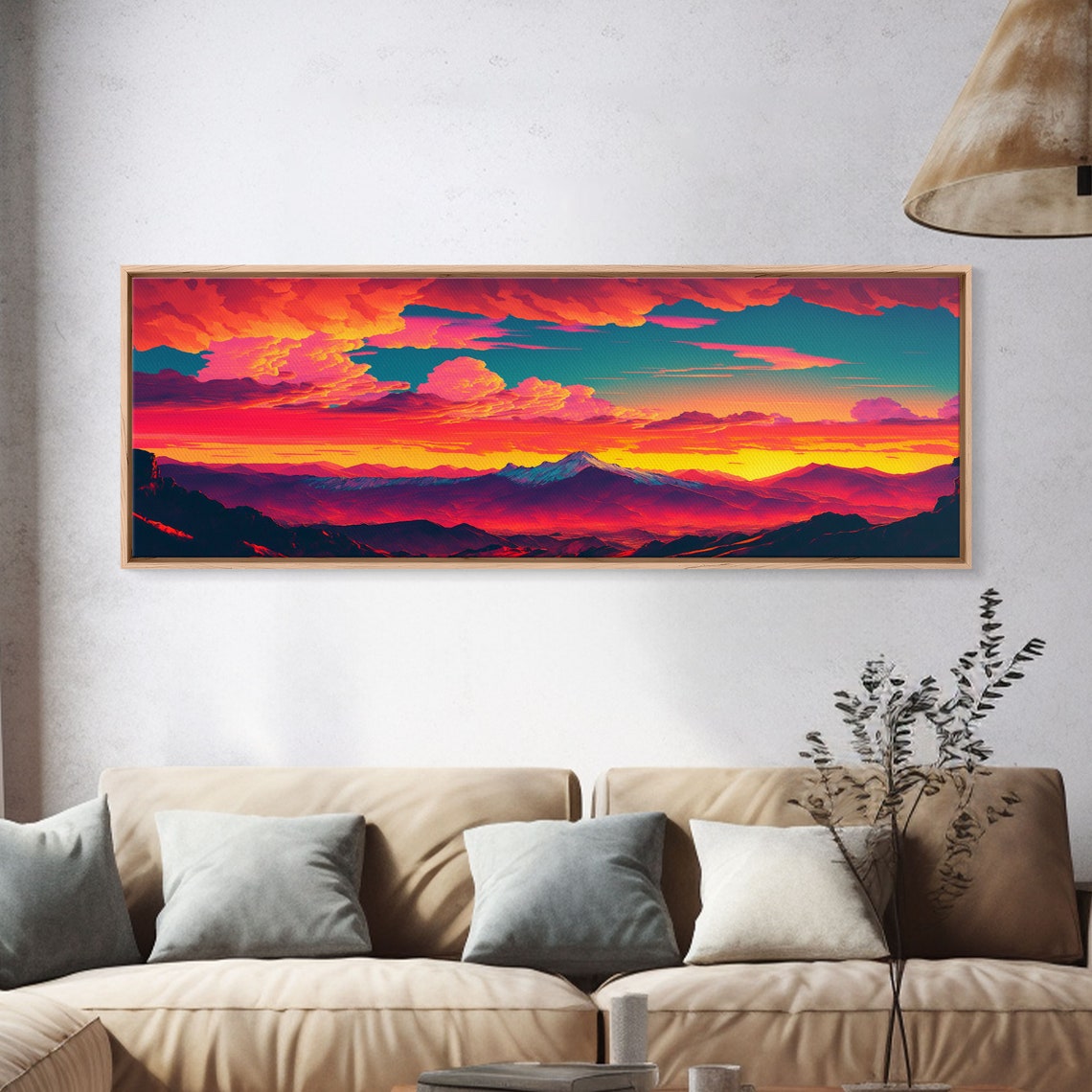 Panoramic Synthwave Mountain Sunset Fiery Clouds Dramatic Peaks Poster - Image 4