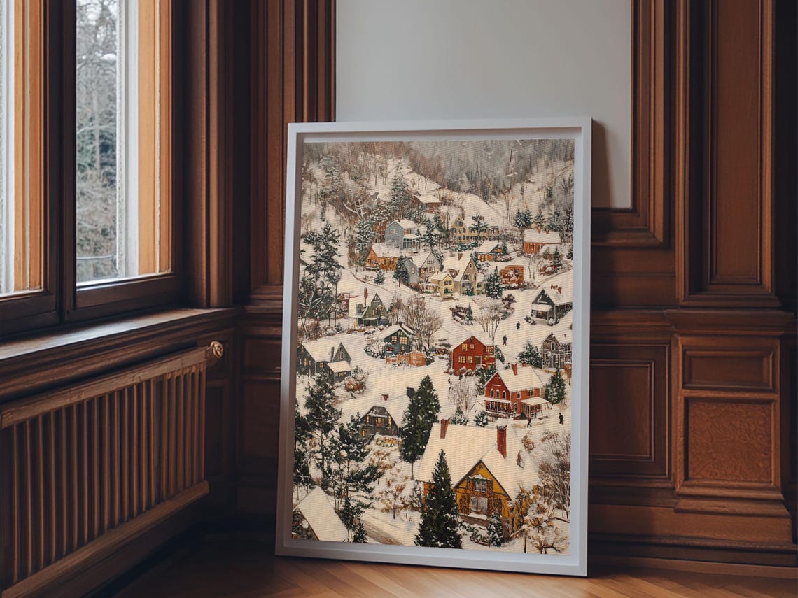 Snowy Christmas Village On Winter Hillside Vintage Oil Painting Print - Image 6