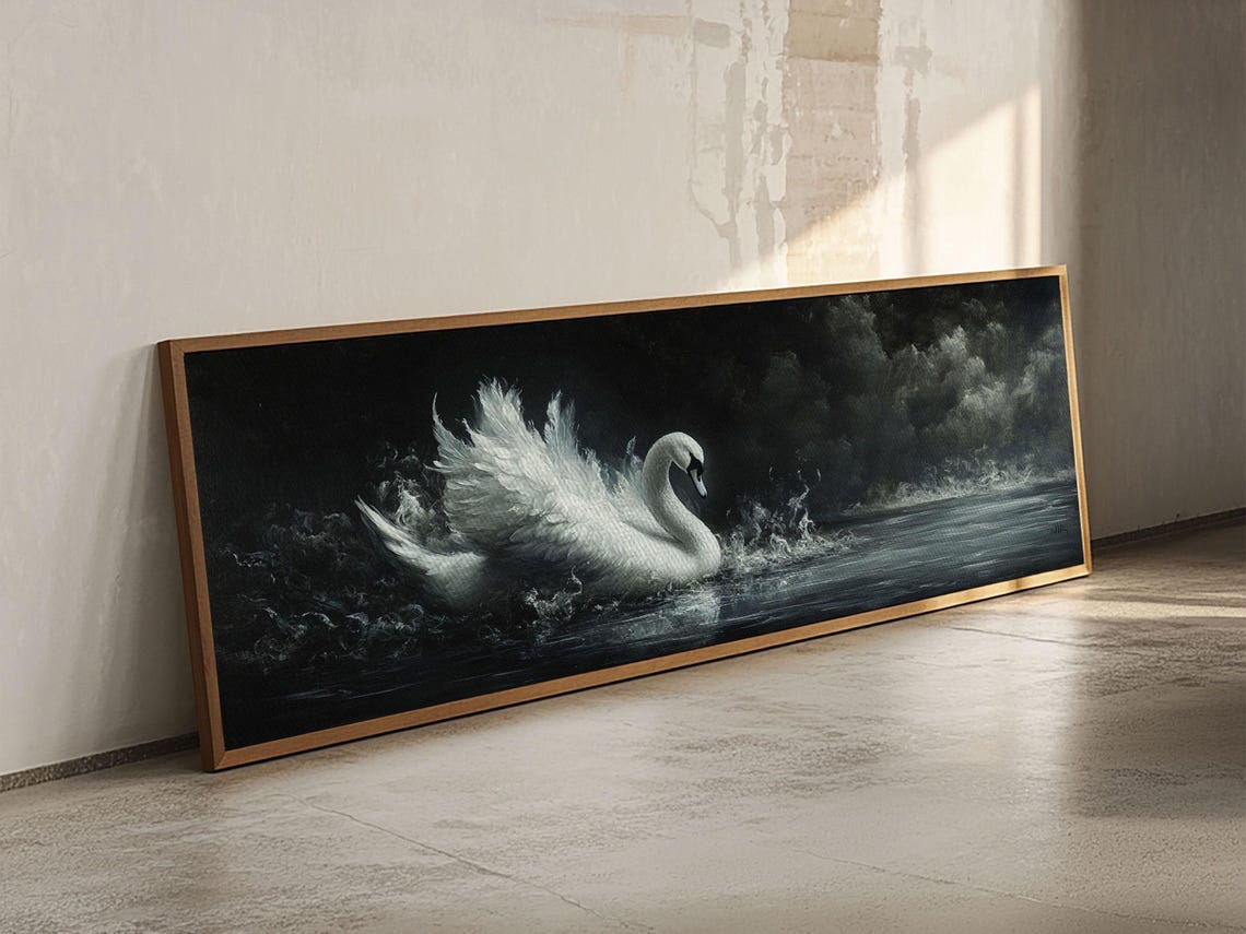 White Swan On Stormy Dark Water Panoramic Wildlife Painting Print - Image 6
