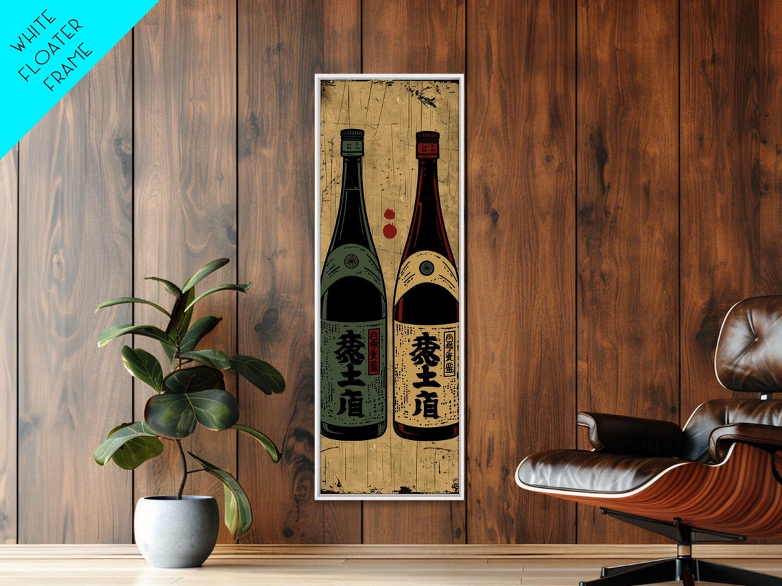 Retro Japanese Sake Bottles Pair Vintage Labels Kitchen Wall Art