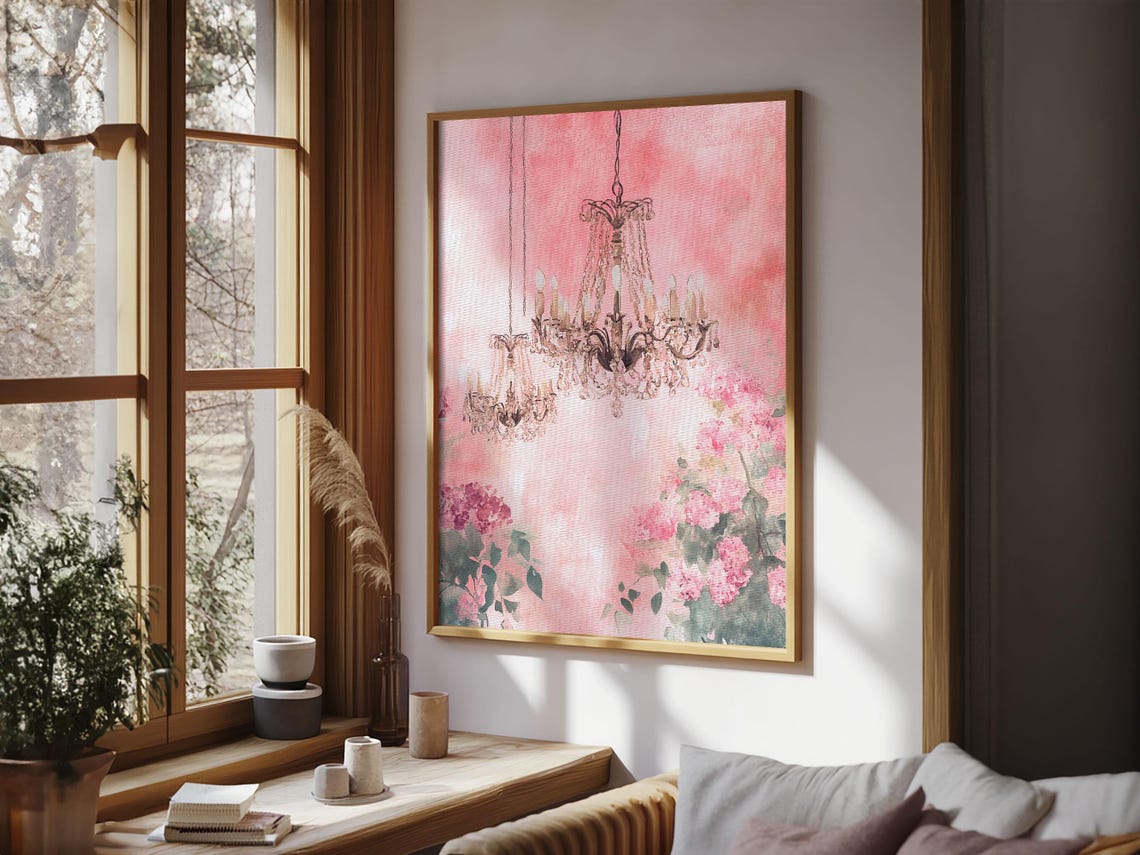 Pink Chandelier Watercolor Crystal Lights Floral Elegant Wall Poster - Image 4