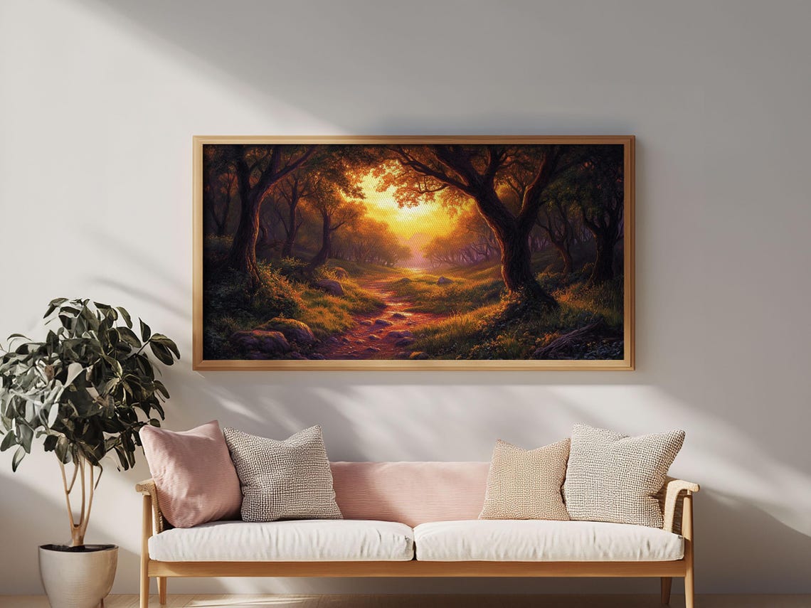 Enchanted Forest Path Golden Sunset Fantasy Landscape Art Poster - Image 3