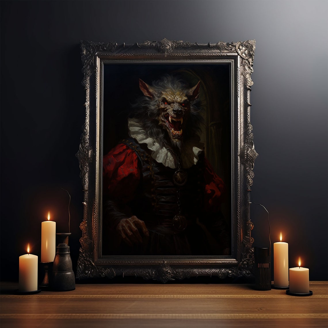 Victorian Werewolf Portrait Red Coat Snarling Gothic Horror Art Print - Image 3