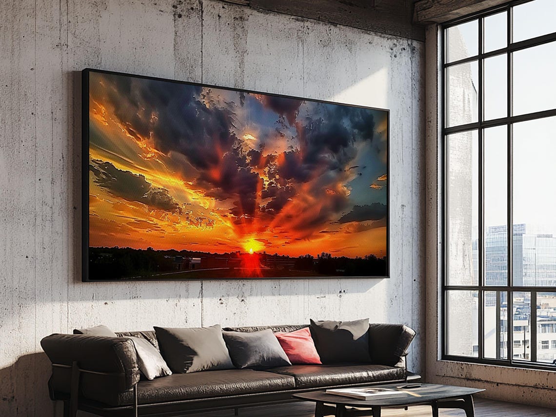 Fiery Orange Sunset Over Small Town Horizon Dramatic Sky Poster