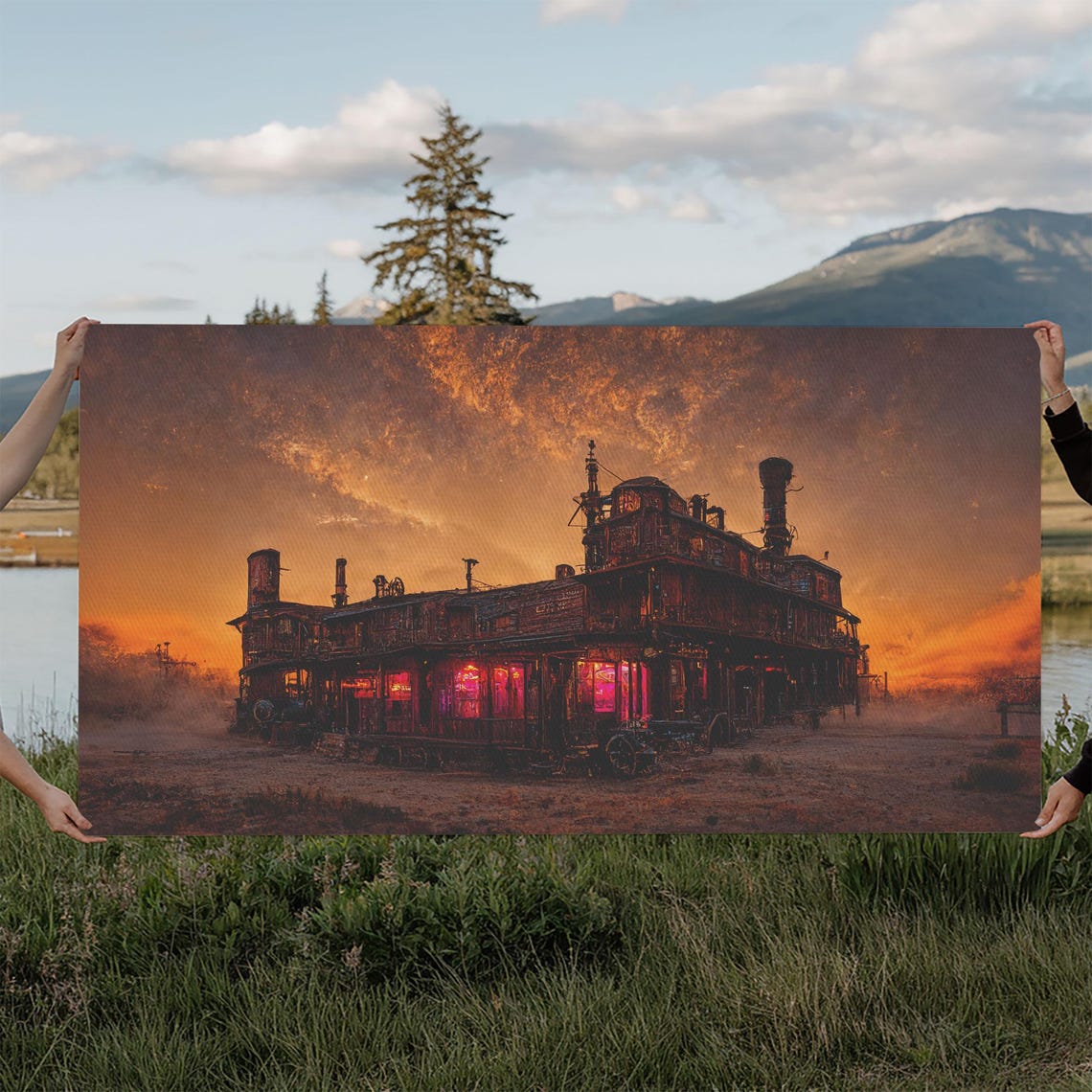 Dystopian Steampunk Wild West Mashup Abandoned Wild West Saloon Art Print Ready To Hang Wall Art