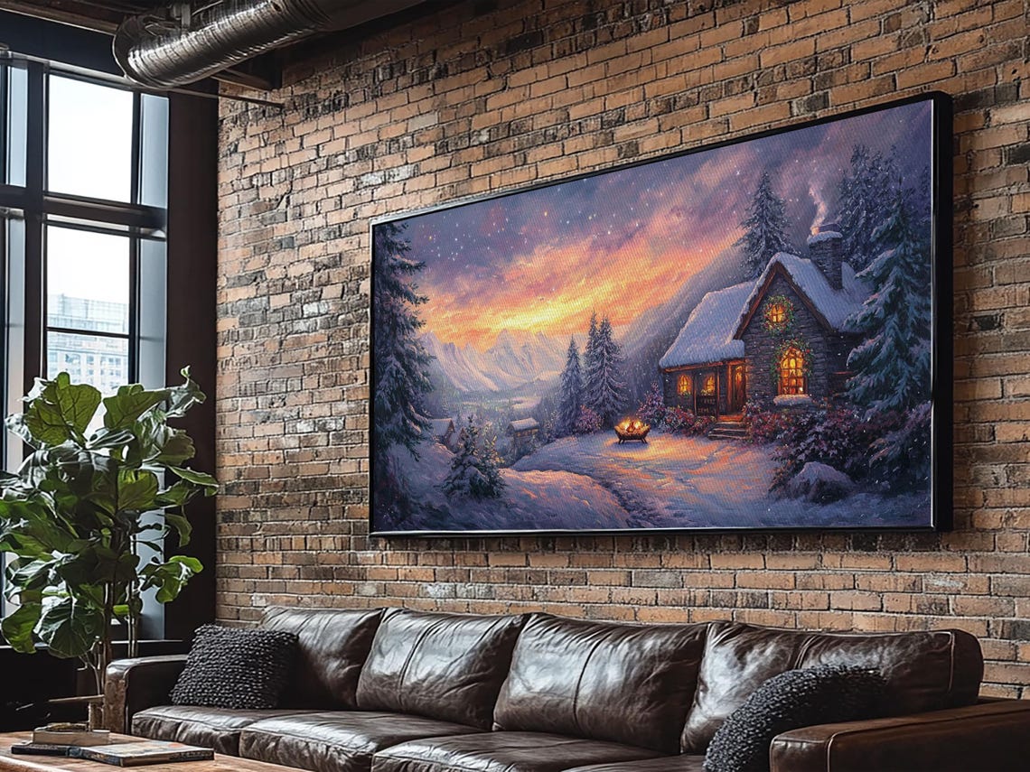 Snowy Mountain Cabin At Sunset With Fire Pit Winter Scene Poster - Image 4