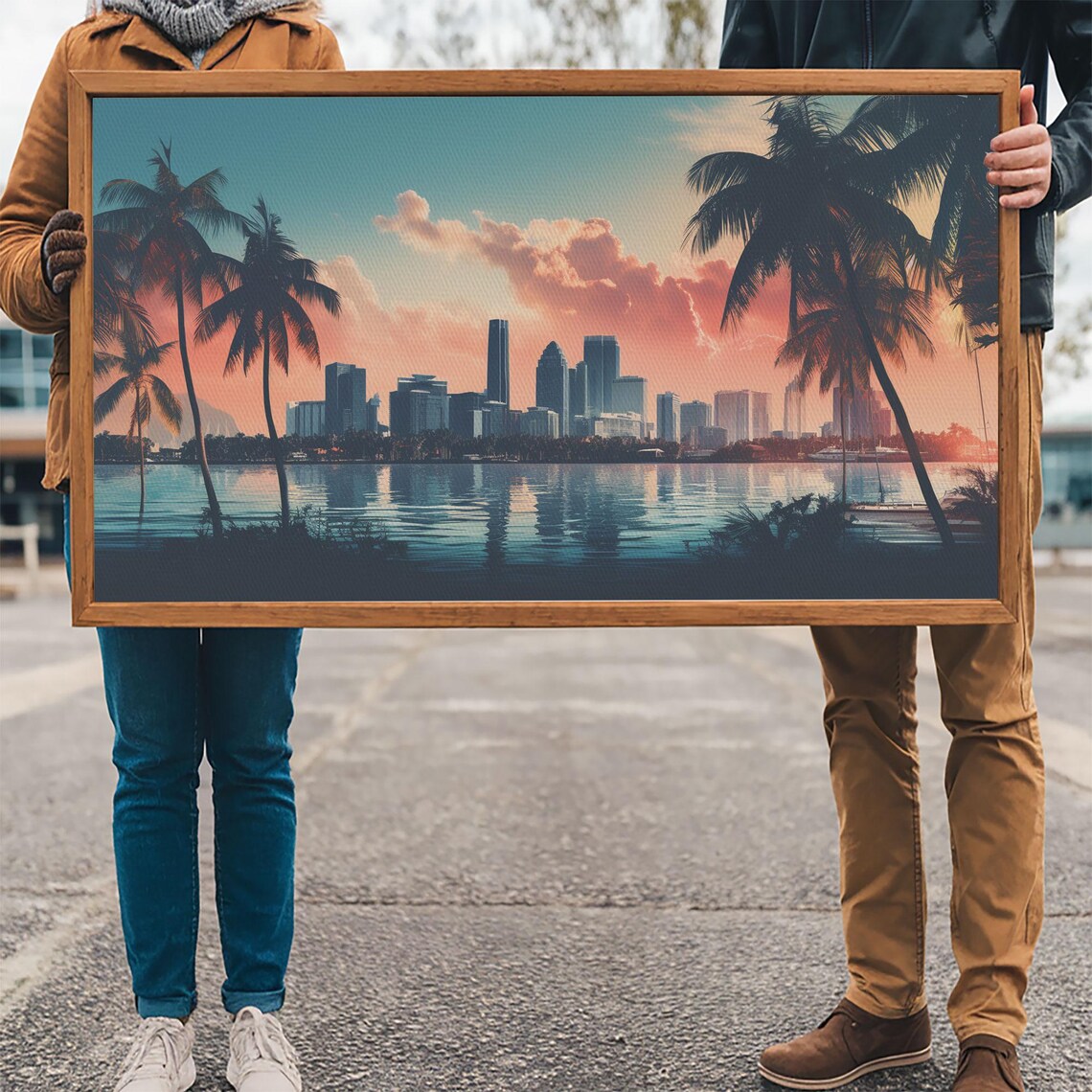 Miami Skyline Sunrise Palm Trees Cityscape Over Water Travel Poster - Image 3