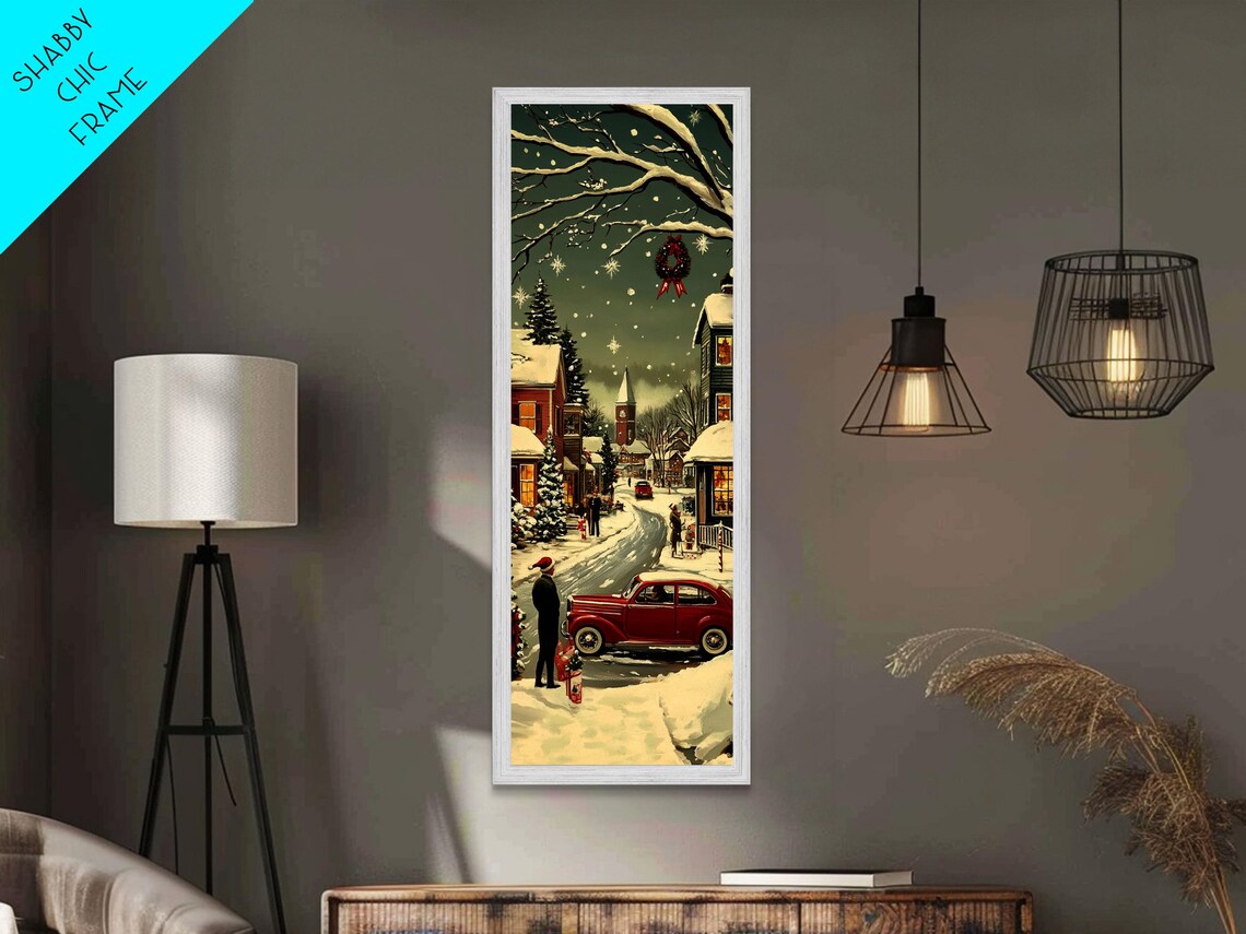 Snowy Night Street Red Vintage Car Wreath Church Christmas Poster - Image 2