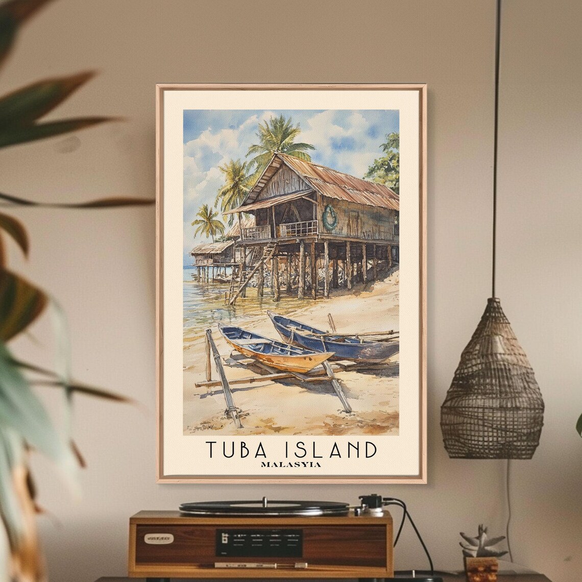 Tuba Island Malaysia Stilt Fishing Huts Wooden Boats Palm Trees Poster - Image 3