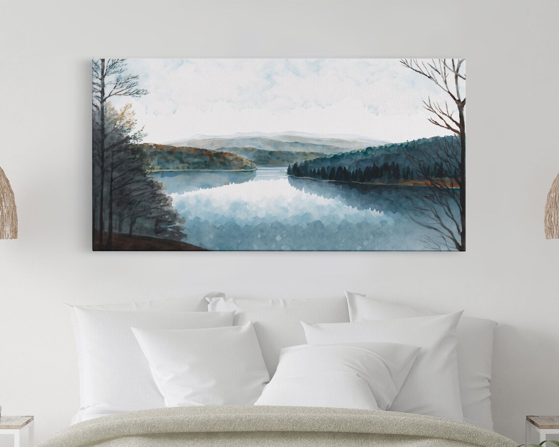 Blue Lake Landscape Art Print, Lake House Decor - Image 2