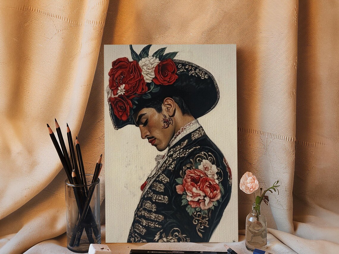 Matador Bullfighter Portrait Rose Adorned Hat Embroidered Suit Wall Art
