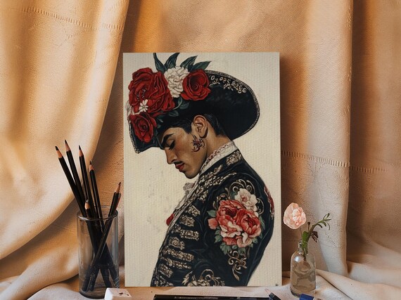 Matador Bullfighter Portrait Rose Adorned Hat Embroidered Suit Wall Art