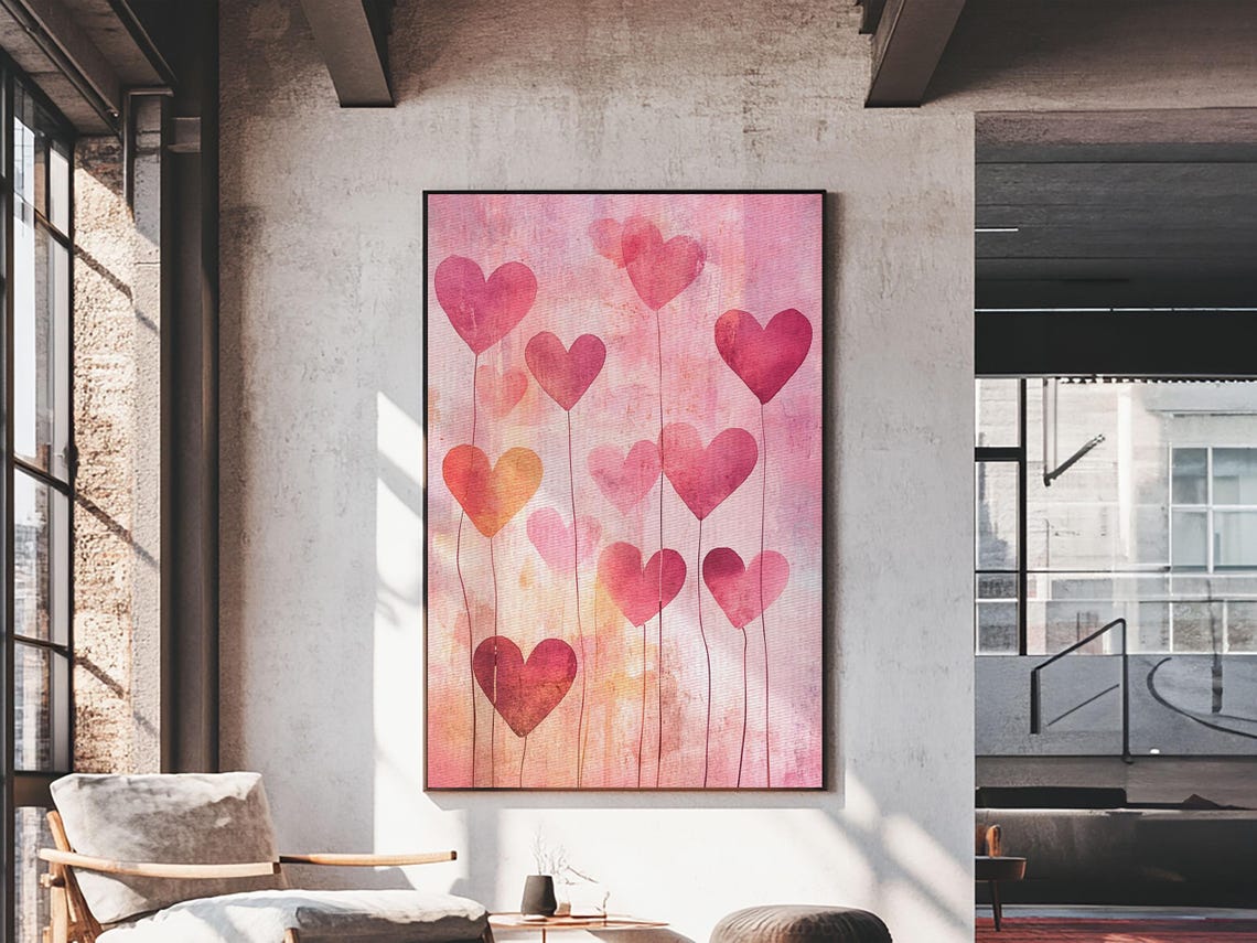Pink Heart Balloons Watercolor Whimsical Love Valentines Wall Poster - Image 2