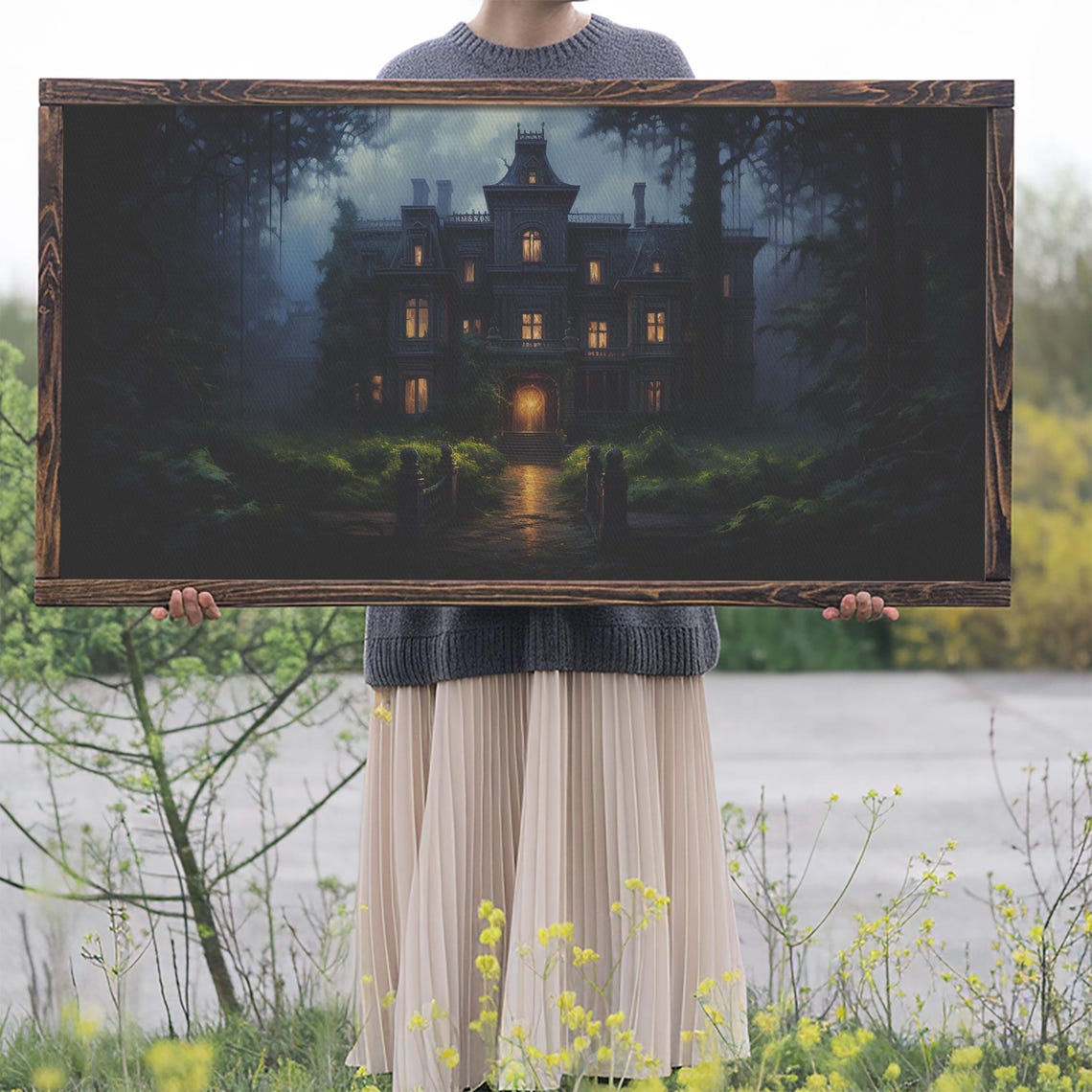 Haunted Victorian Mansion Night Glowing Windows Spooky House Poster - Image 2