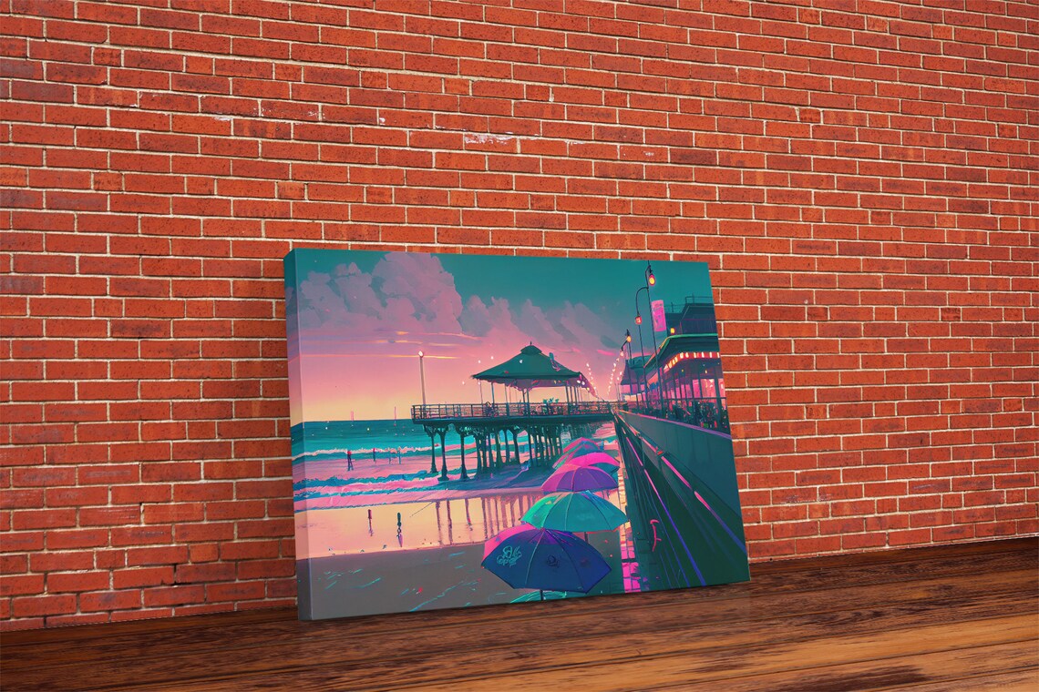 Neon Beach Cool Beach House Wall Decor, Synthwave Pier
