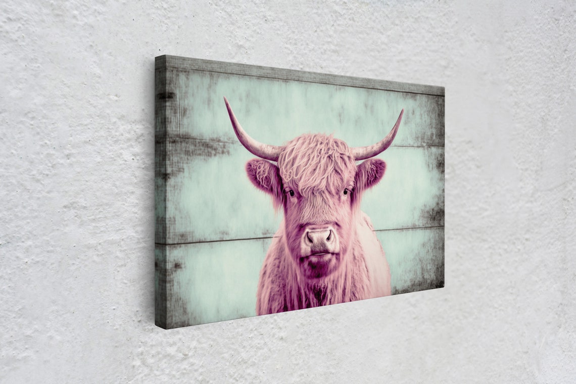 Pink And Turquoise Rustic Cattle Art Framed Print Framed Wall Art Primitive Rustic Minimalist Farmhouse Decor Highland Cattle Art - Image 4